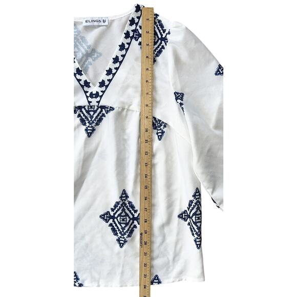 Elings Boho White & Blue Geometric Print Bracelet Sleeve V-Neck Blouse Small - Picture 2 of 6